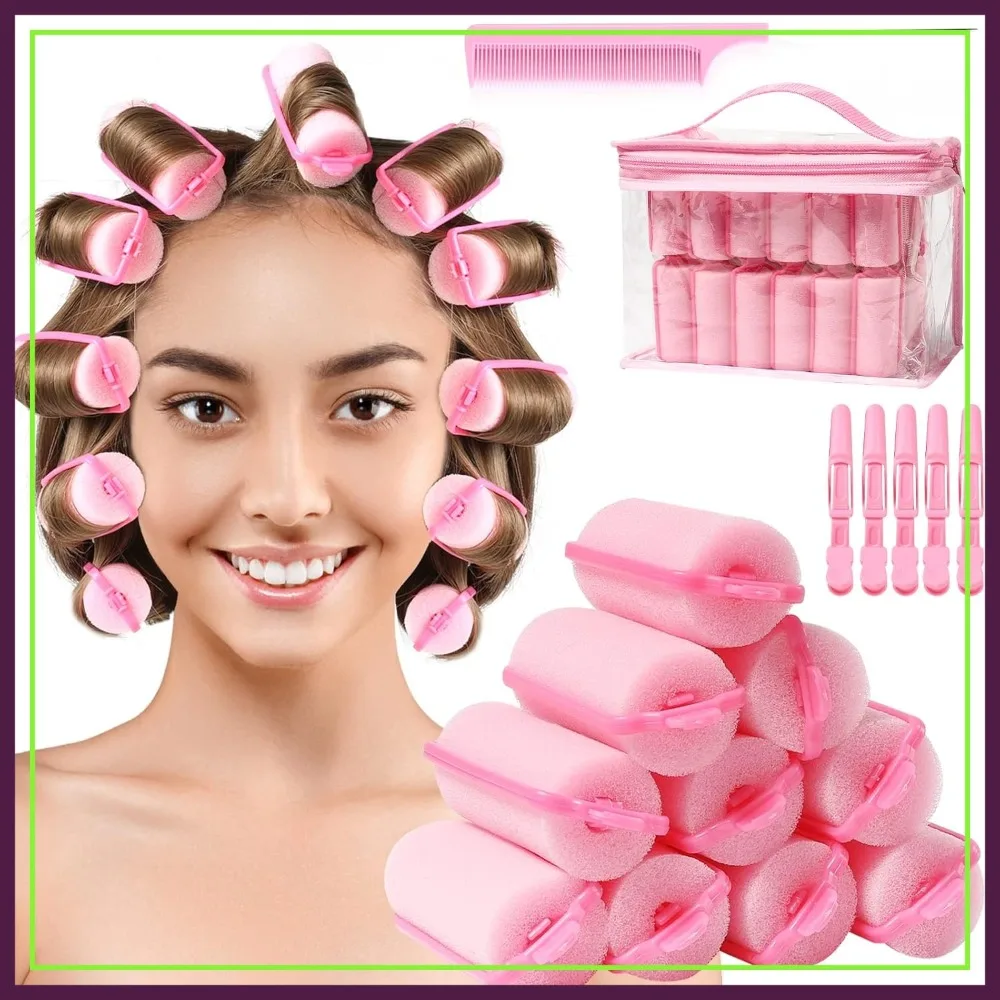 

Sponge Foam Hair Rollers for Sleeping - Flexible Curlers with Tail Comb and Hairclips for Hairdressing (60 Pieces, Pink)