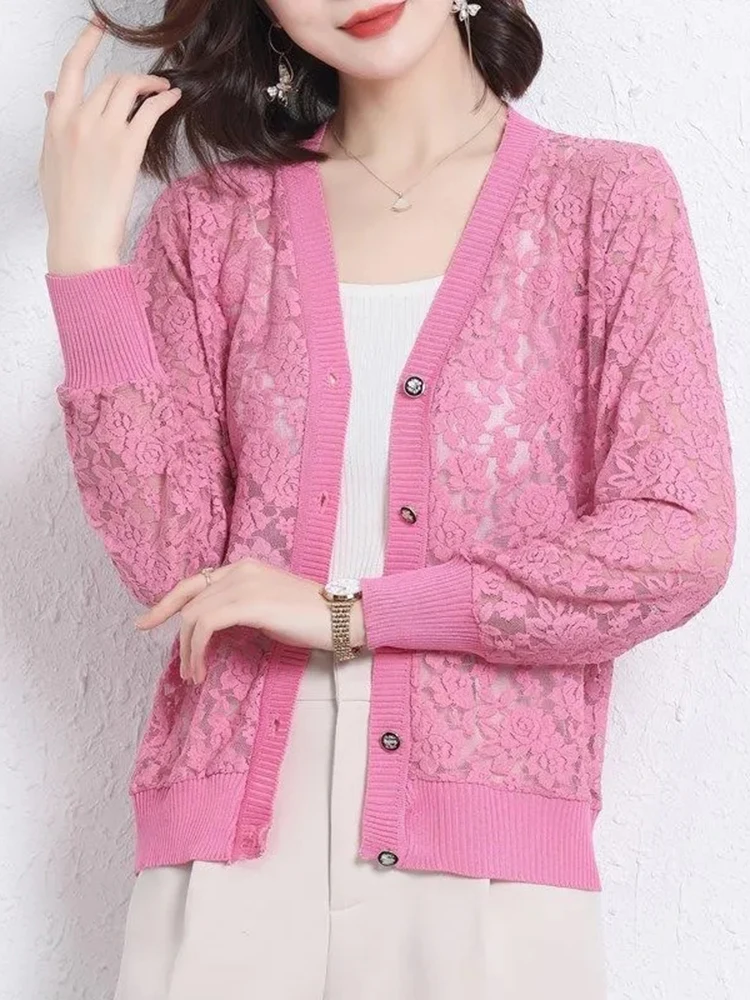 Lace Hollow Out Knitted Summer Short Cardigan Sunscreen Loose Shawl Elegant Coat Long Sleeve Knitwear Casual Tops Women Jackets