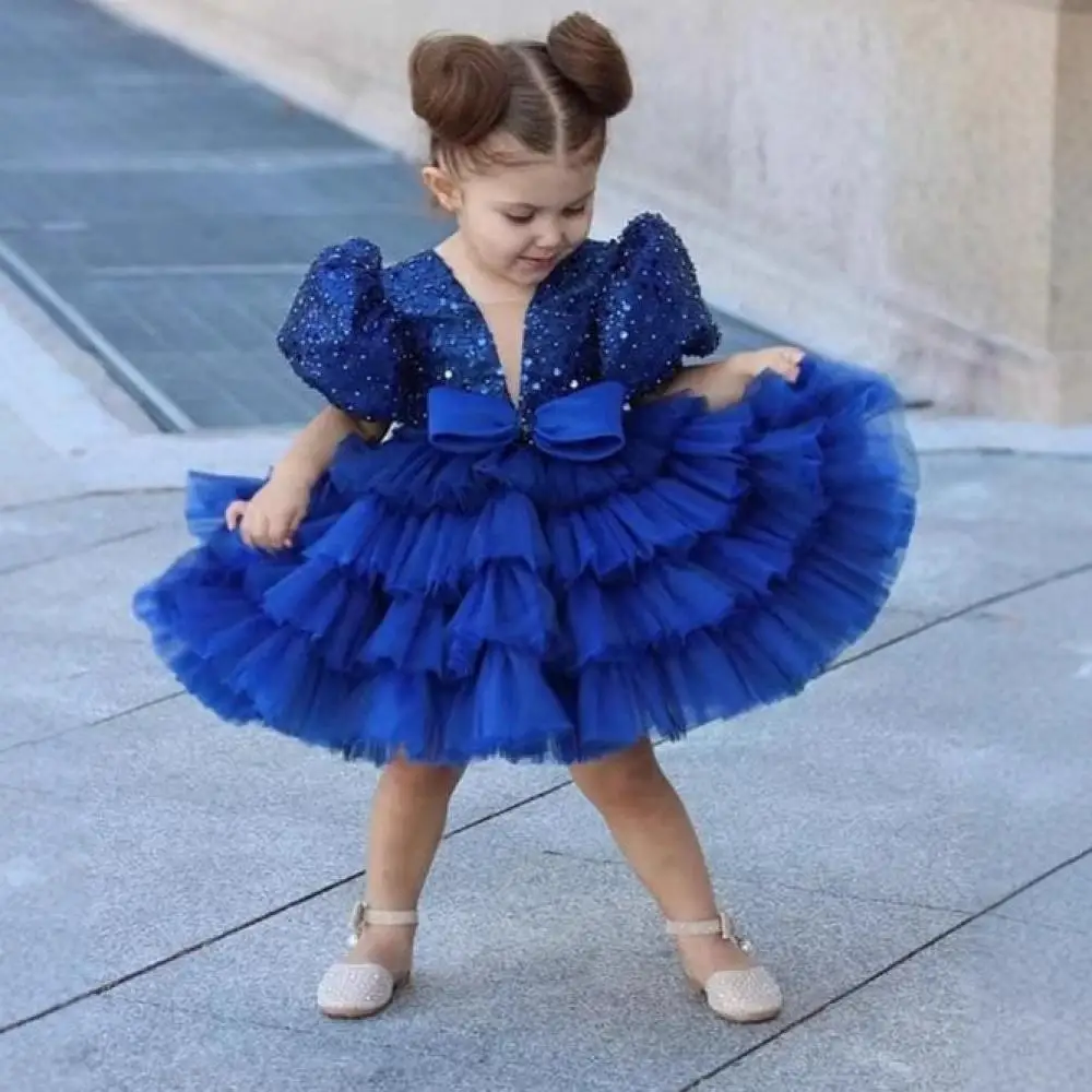 Girls' New Sequin Bow Bubble Sleeves Multi-Layer Mesh Sweet and Cute Princess Dress Wedding Flower Girl Evening Dress
