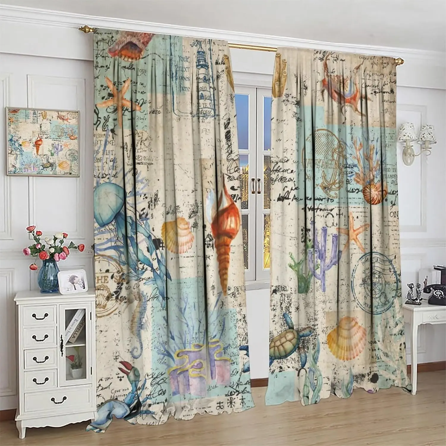 Vintage Nautical Coastal Curtains,Watercolor Beach Nautical Theme Starfish Seashell Coral Window Drapes, for Living Room Bedroom