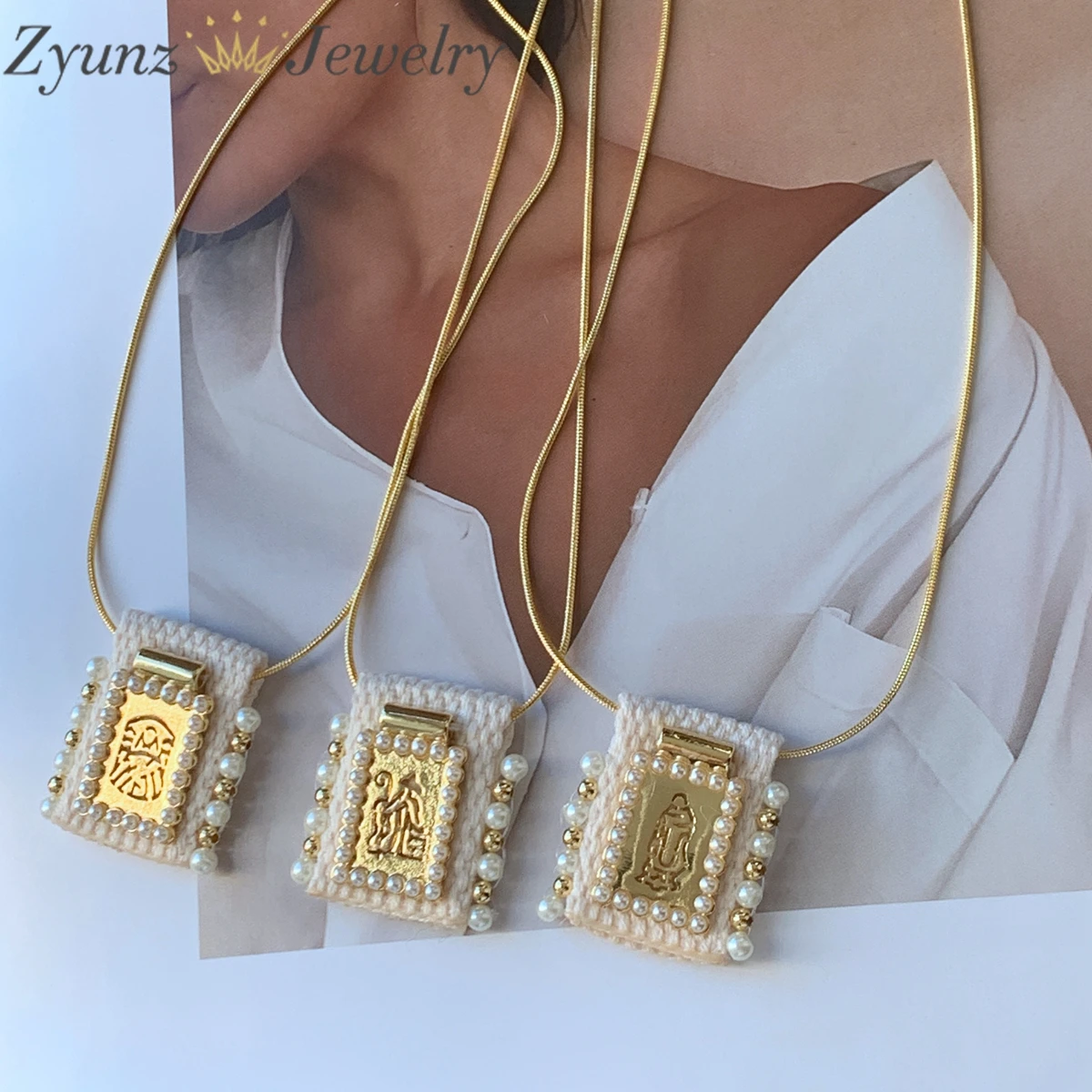 5pcs, Rectangle Religious Pendant Necklace Gold Color Woven Jewelry Wholesale Metal Charms