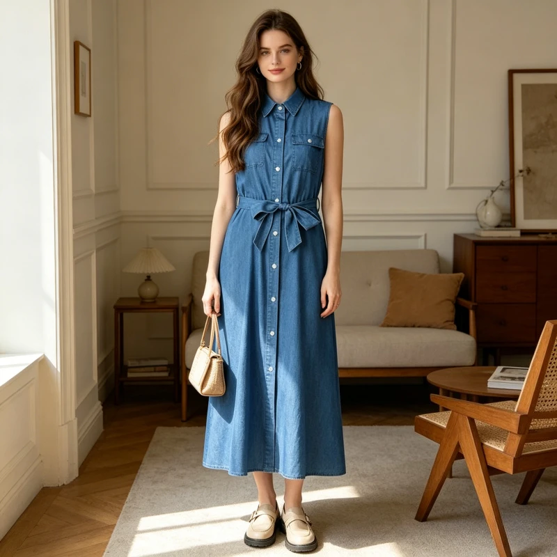 

Women Denim Dresses Summer Single Breasted Button Solid Color Dress Turn Down Collar Belt Sleeveless Pockets High Street Slim