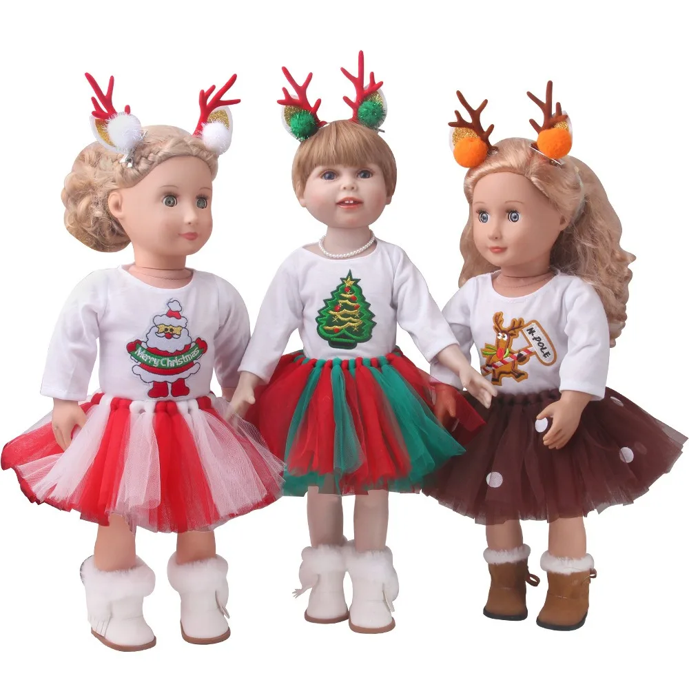 

Christmas Suit American Doll Clothes Long Sleeved Dress Set Doll Clothes Christmas Two Elk Hairpins Cute Doll Dresses 18 Inch