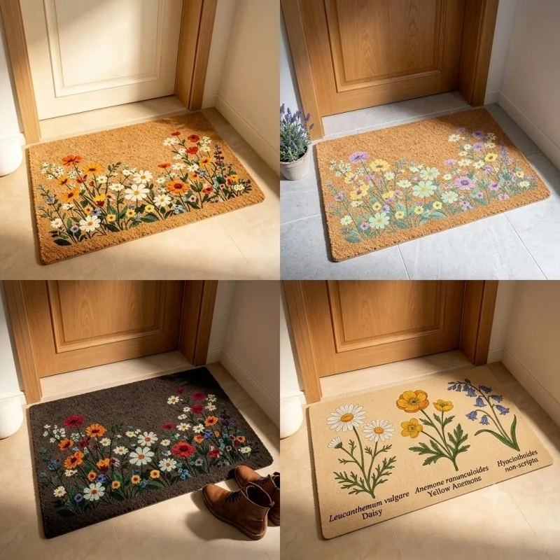 4 Pack Wild Floral Print Coir Front Door Doormat Non Slip Outdoor Entry Floor Mat