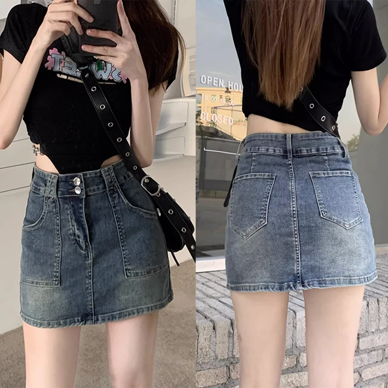 

Woman Summer High Waist Fashion Gothic Skirts Lady Y2k Harajuku Korean Style Mini Skirts Female Casual Blue Denim Straight Dress