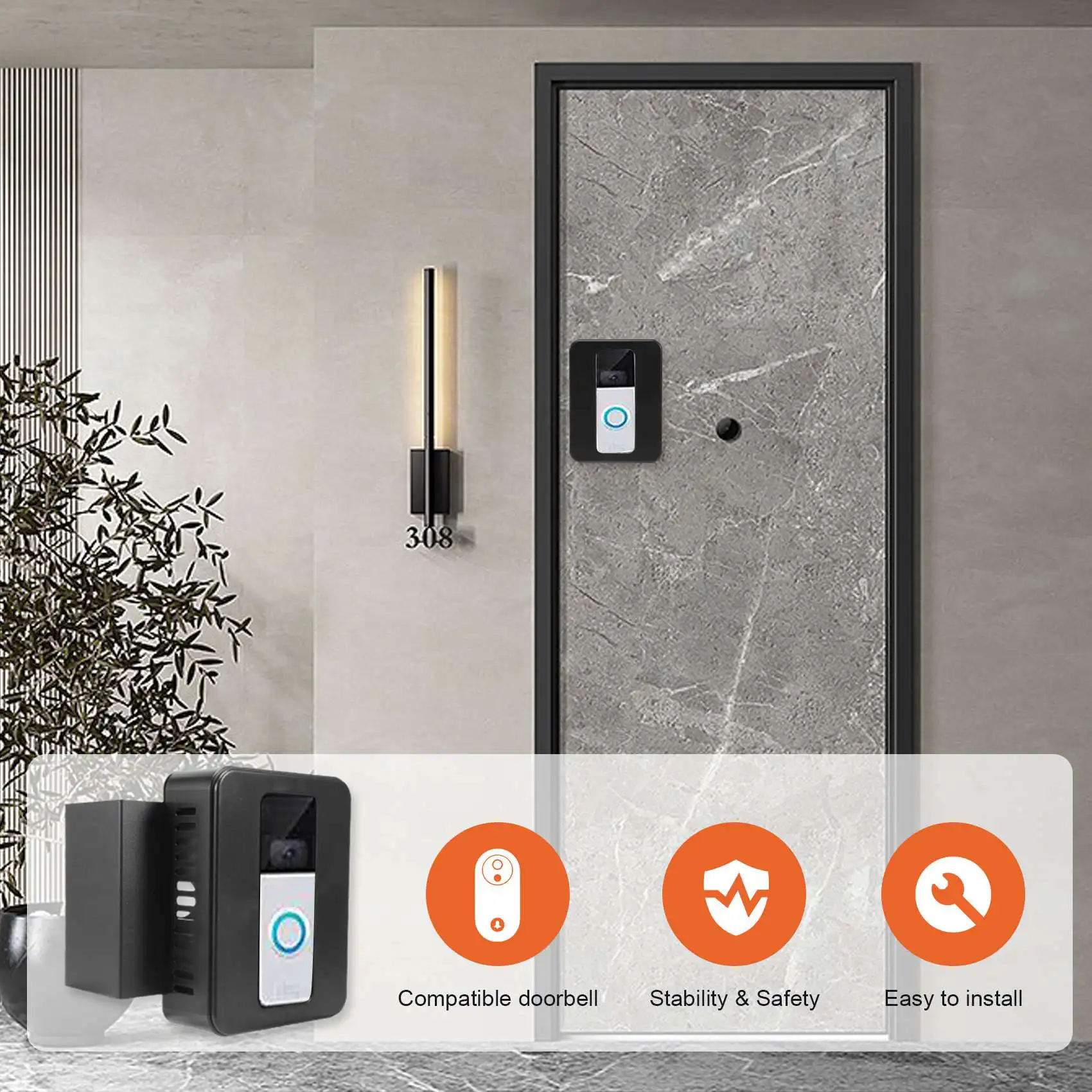 

ABUL- Кронштейн для видеодомофона, крепление без сверления, подходит для большинства видеодомофонов, держатель для видеодомофона Ring для двери квартиры