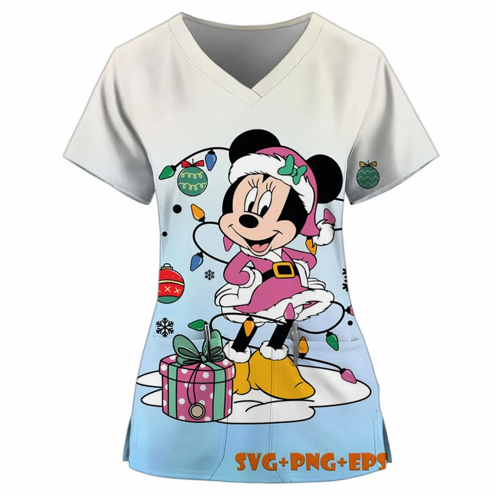 المرأة رعاية ممرضة موحدة تي شيرت ديزني ميكي ماوس ميني طباعة عيد الميلاد مطبوعة قصيرة الأكمام عطلة نمط عمال بلوزة