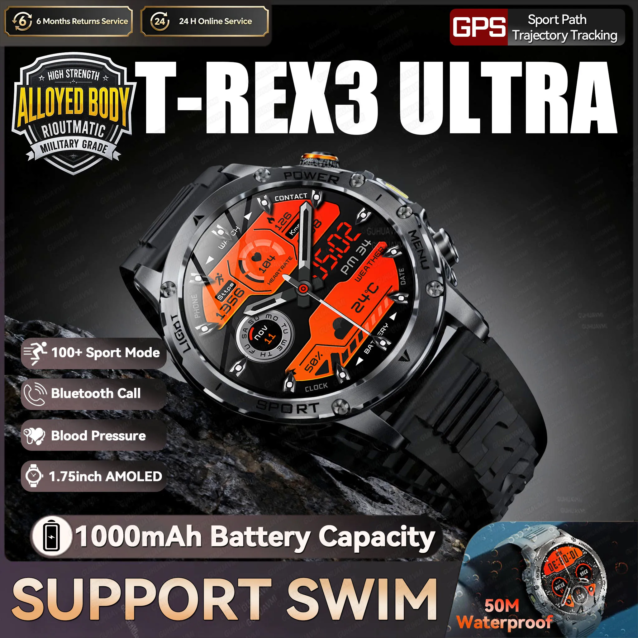 

T-Rex 3 Military Grade 1000mAh Battery Smart Watch Men 5ATM Waterproof GPS Compass Call AMOLED Men Swim Sports Smartwatches IOS