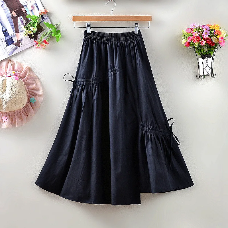 

Summer 2024 Casual Women's Elastic Waist Cotton A-Line Skirt Asymmetrical Midi Skirt Skirts Low Waist Knitted Fabric Blend