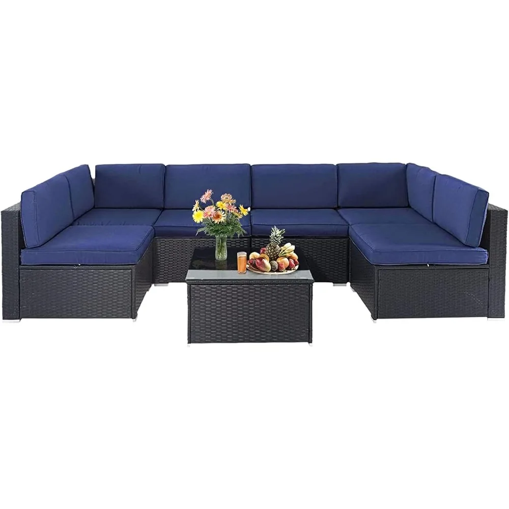 7-Piece Outdoor Patio Furniture Sets, All-Weather Black Wicker Rattan Sectional Sofa, Glass Coffee Table, Garden Furniture Sets