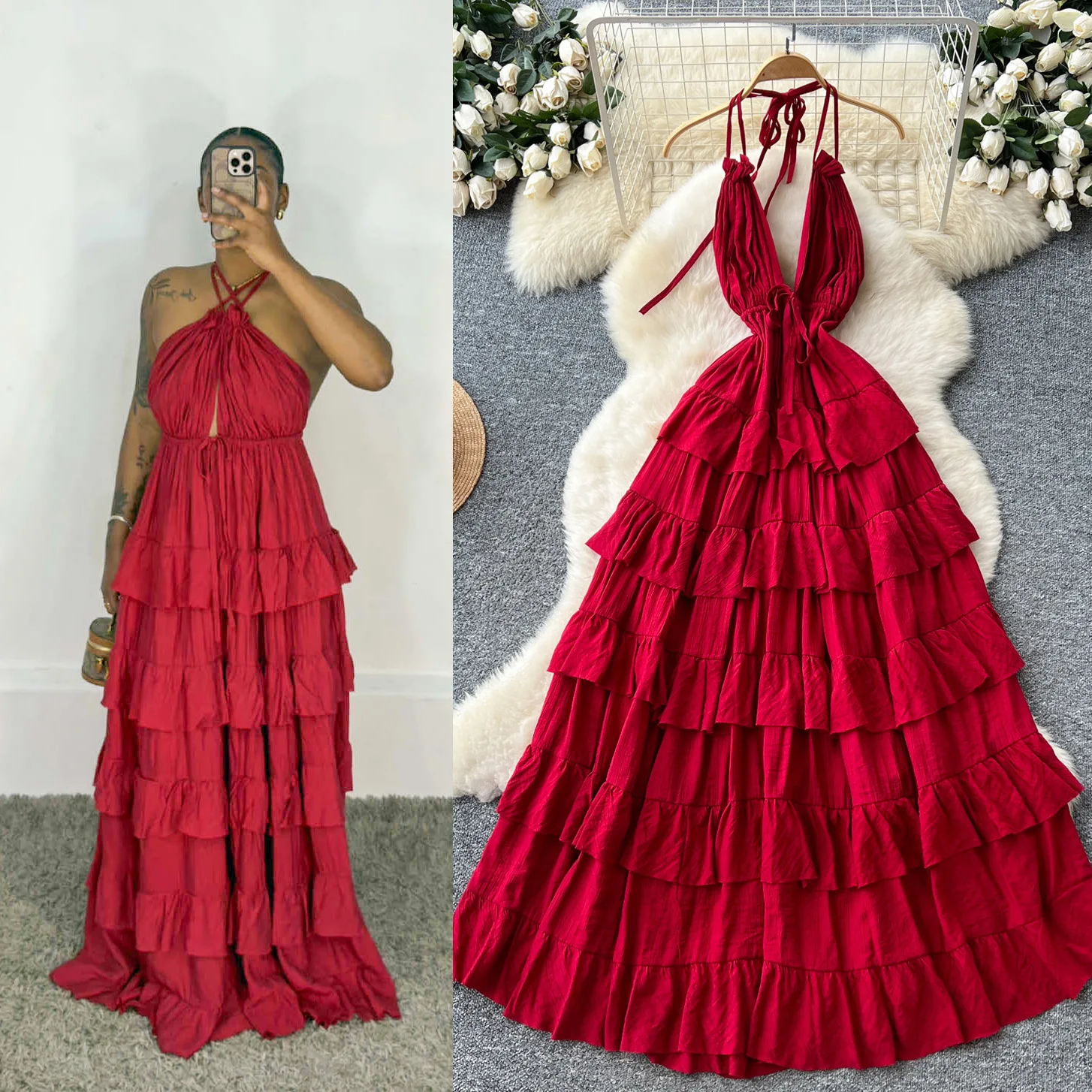 

Long Dress Women Cake Sling Dresses A Line Vestidos Y2k Streetwear Halter Sleeveless Sexy Deep V Neck Elegant Party Night