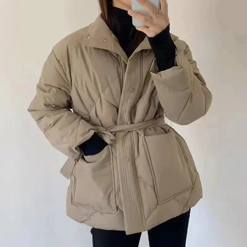 2025 Women's Winter New Cotton Coat with Strap Up Waist Warmth Thick Cotton Coat