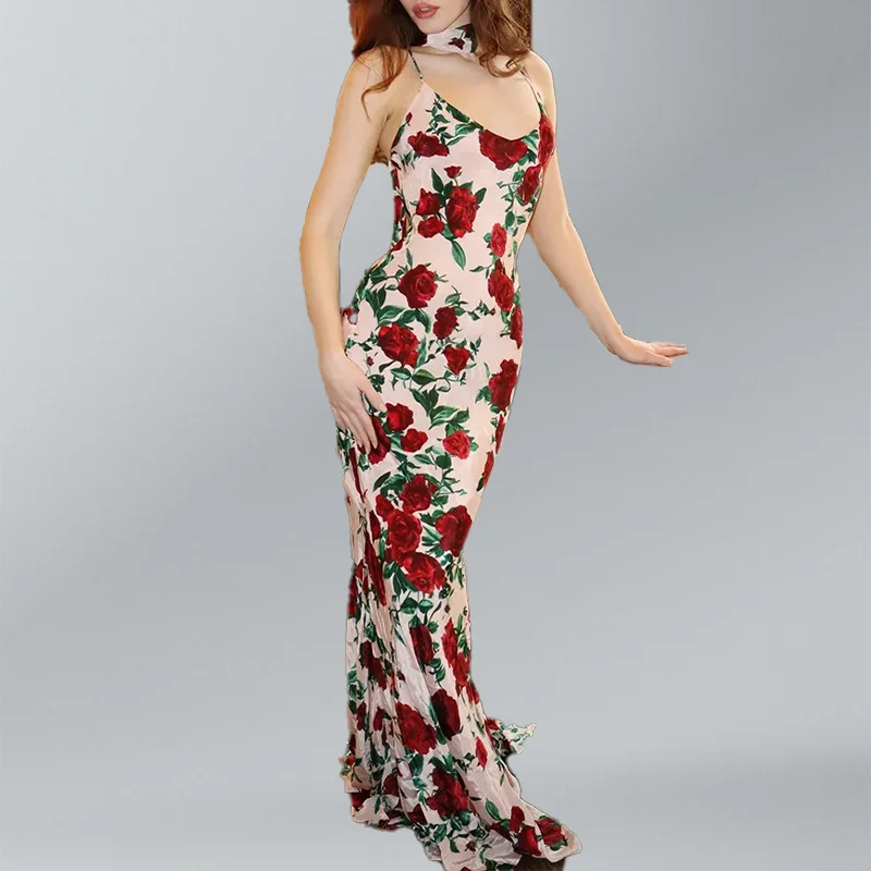 فستان ماكسي صيفي مثير مطبوع بدون ظهر لعام 2025 للنساء فستان أنيق بدون أكمام عالي الخصر للحفلات المسائية والنوادي فساتين طويلة