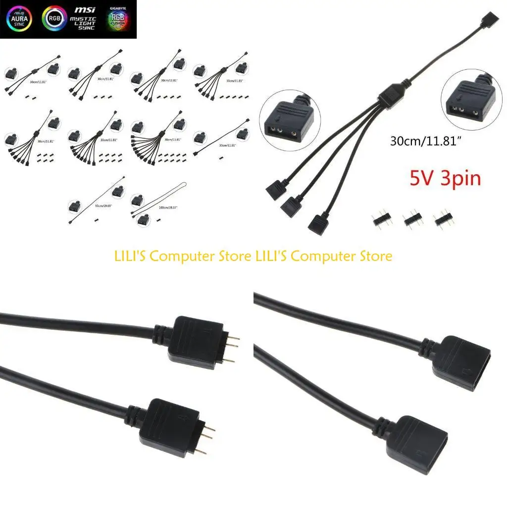 A52B 5V 3 Pin Computer Motherboard Extension Cable RGB Connector Hub RGB Splitter Cable for Computer Chassis