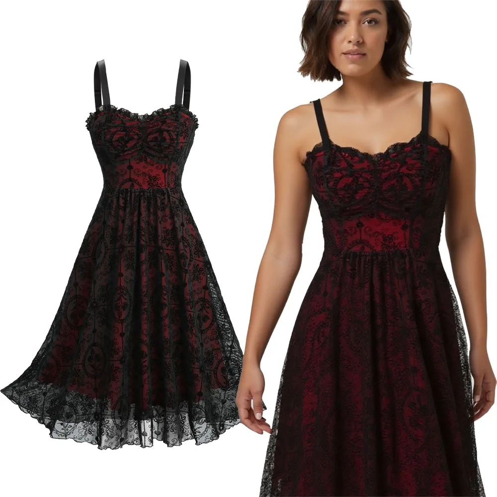 

Женское готическое флокированное платье-майка с цветочным принтом – сетчатое платье трапециевидной формы с рюшами и рюшами без рукавов длиной до колена, весна, летние вечерние платья