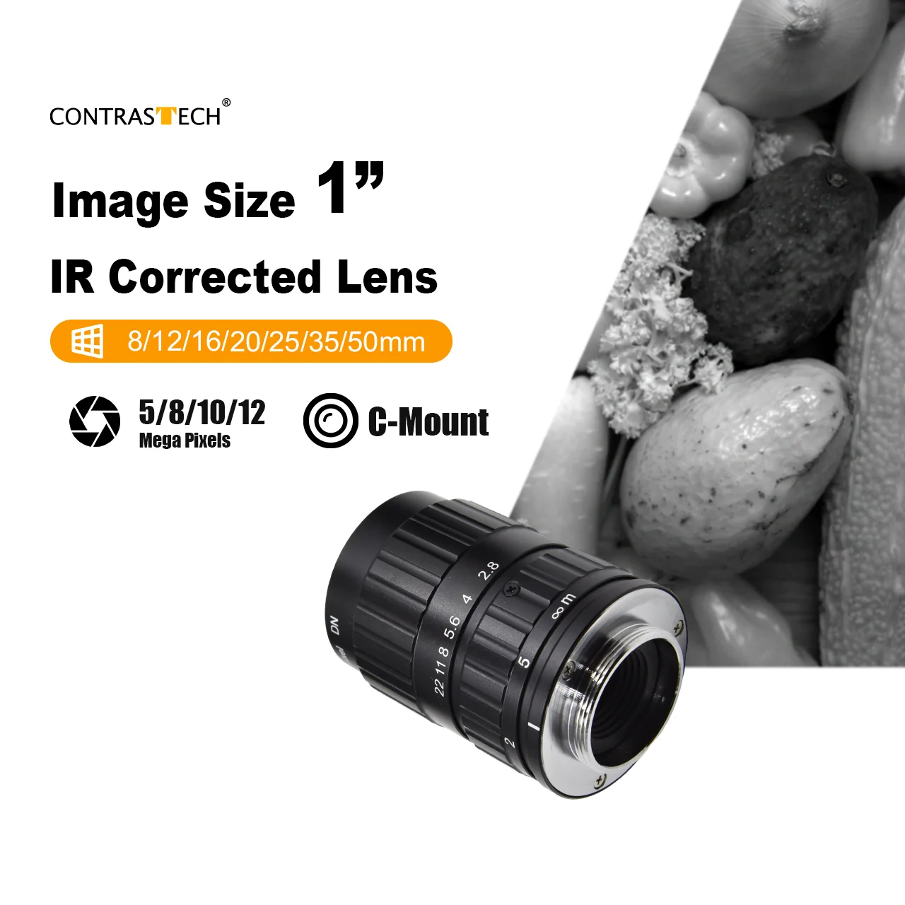 

10MP 1" IR Corrected C-Mount 16mm 25mm 35mm Day & Night Industrial Lens for Inspection Contrastech Cowa LM25JC5M-IR