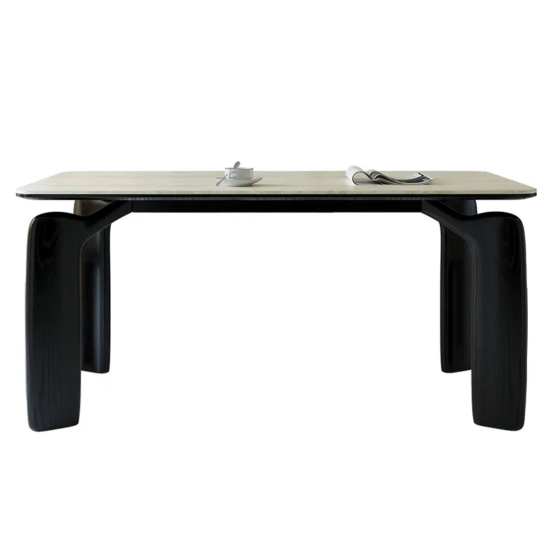 Solid Wood Dining Table Set with Slate Tabletop One Table Accommodates 6 Chairs Family Dining Table with Comfortable Wood Frame