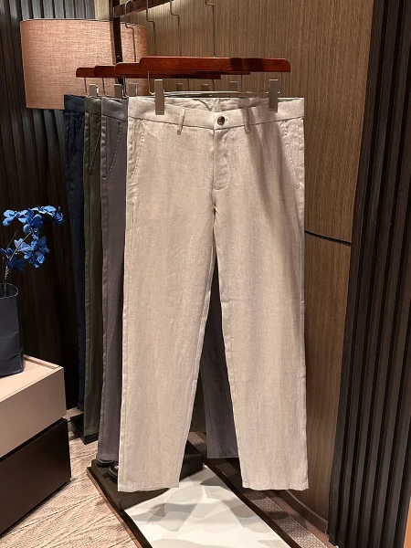 

Мужские брюки из 100% льна, прямого кроя, для делового повседневного стиля, высококачественные, цветные, лето 2025, с плоским передом