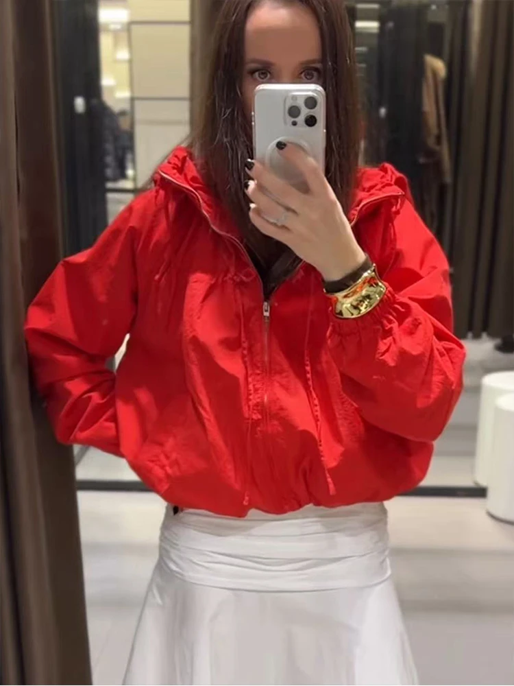 TFMLN Fashion Women Hooded Zipper Jacket Casual Oversize Long Sleeve Drawstring Ruched Coats Spring New Lace Up Coats Lady