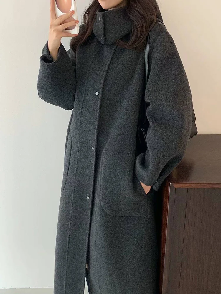 New Winter Women Double-sided 100% Wool Coat Long Hooded Casual Single Breasted Fashion Woolen Coats Thick Female Trend Autumn