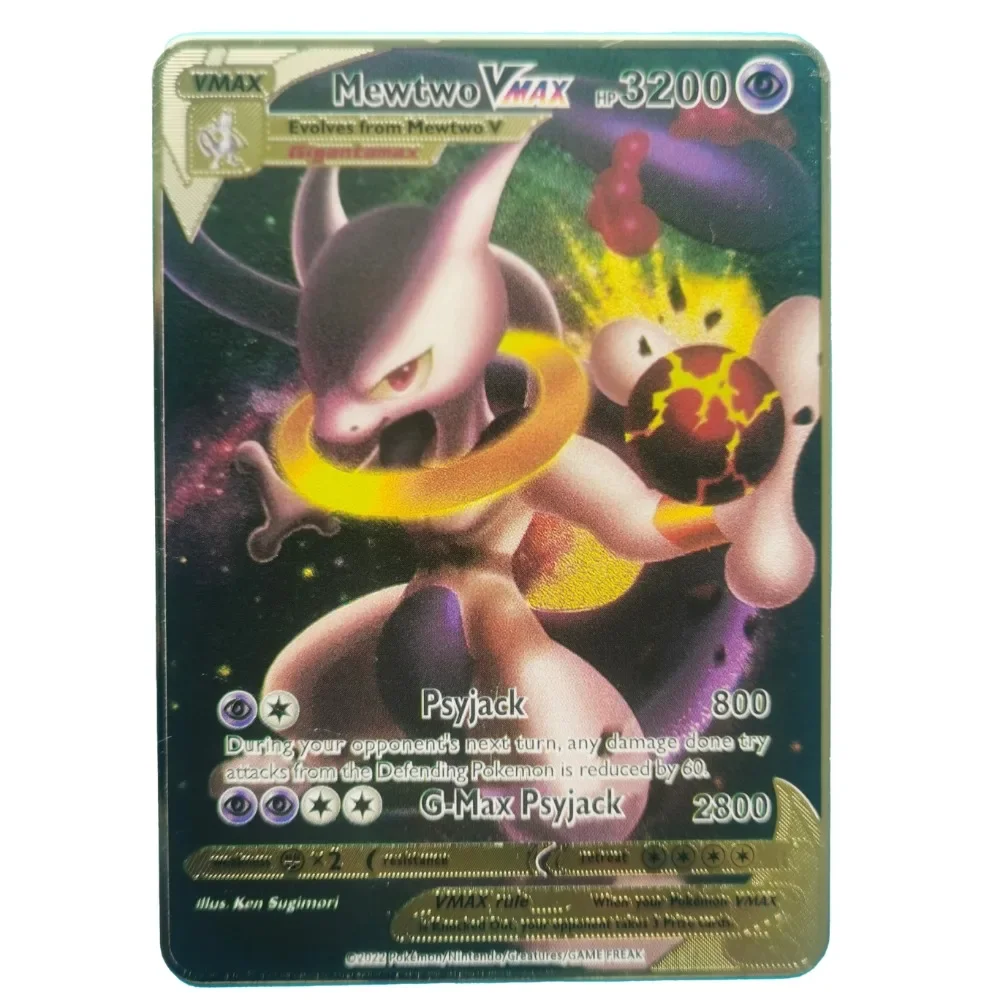 Cartes Pokémon anglaises en métal pour enfants, Anime Pikachu, Charizard, Mewtwo, Blastoise, Vmax Shiny Letters, Game Collection Card, Toy Gifts,