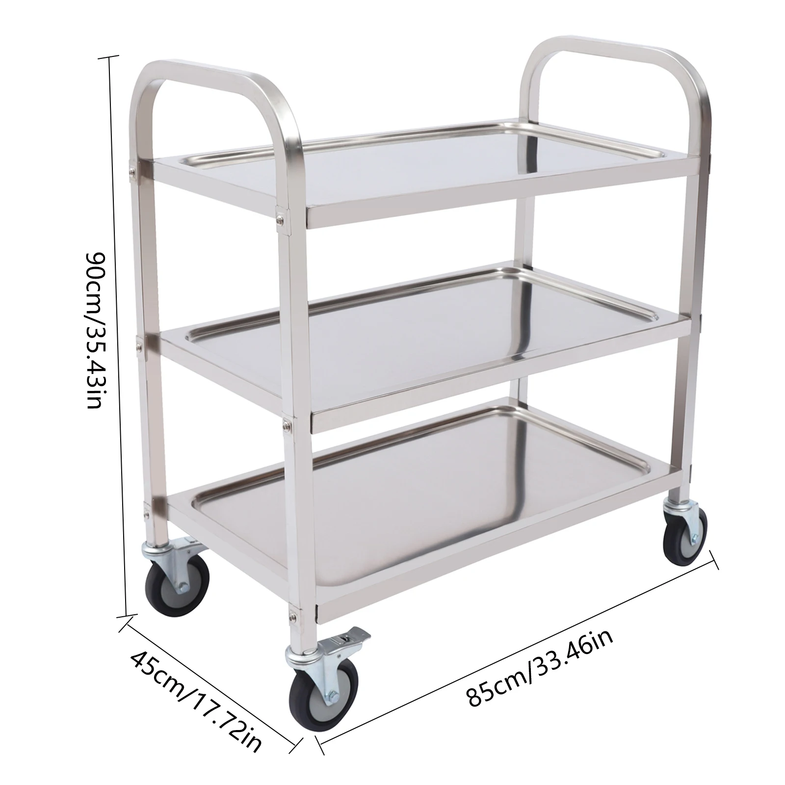 Edelstahl-Servierwagen für die Küche, 3 Etagen, 85 x 45 x 90 cm, mit 4 Universalrollen, Restaurantwagen zur Aufbewahrung und Organisation. – Detail 9