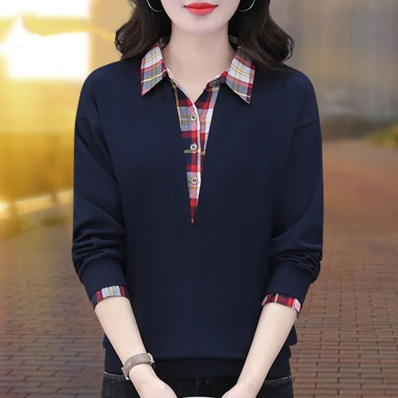 Spring and Autumn Women\'s Pullover Collar Button Plaid Panel Contrast Color Long Sleeve T-shirt Underlay Casual Elegant Tops