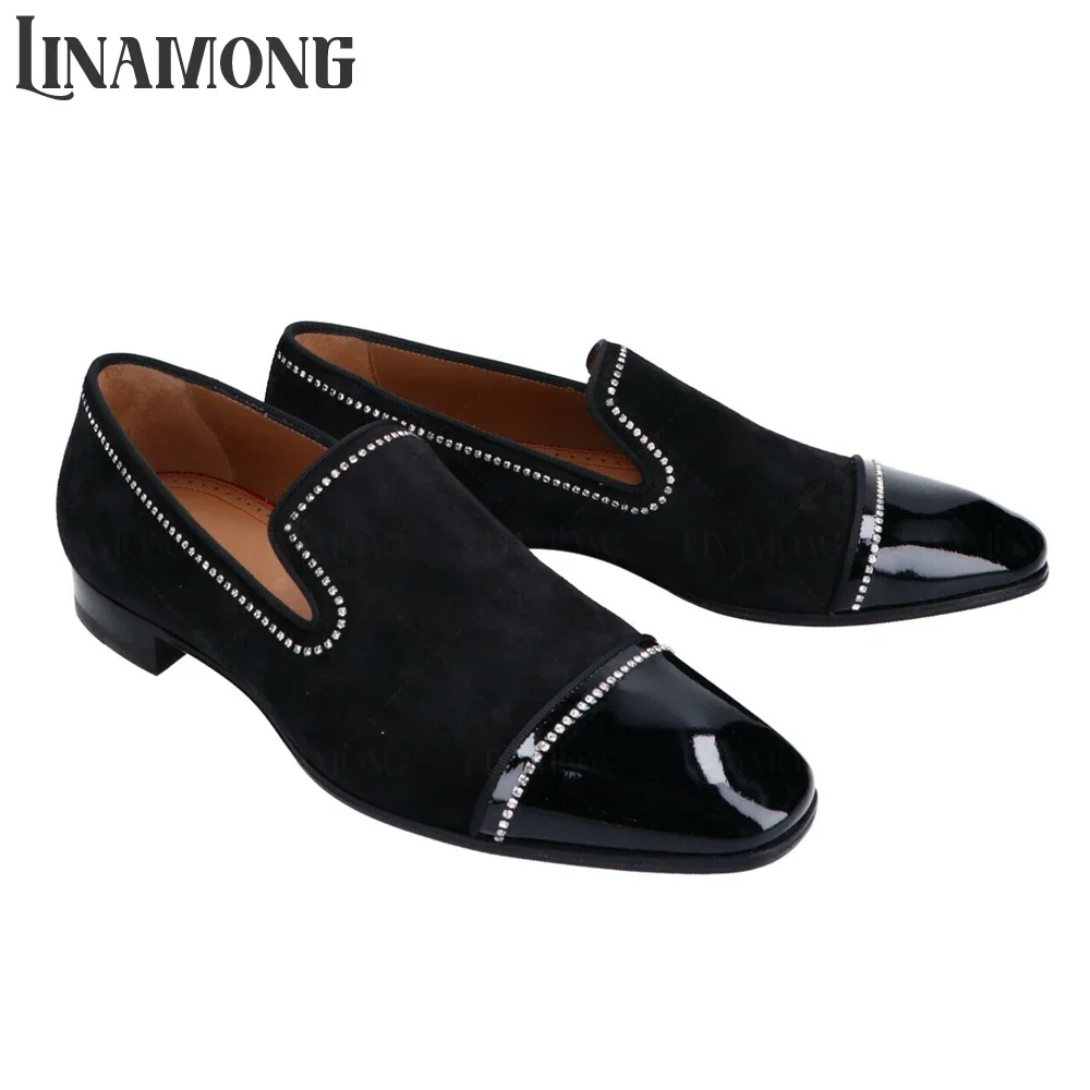 

Velvet and Patent Leather Rivet Loafers Crystal Line Dress Shoes Multicolor Suede Patent Leather Rhinestone Flat Loafers for Men