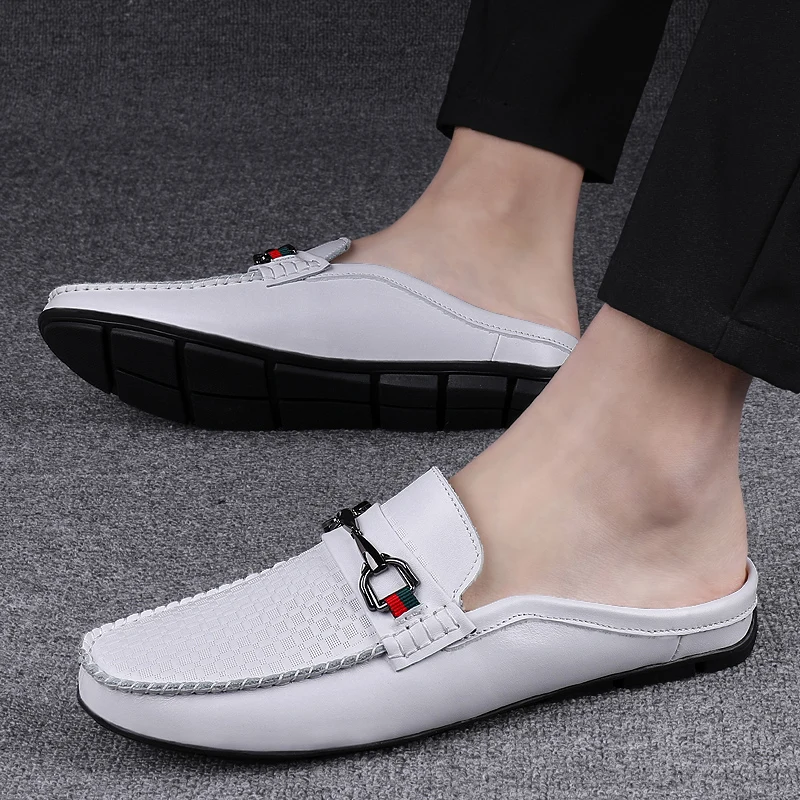 

Luxury Brand Summer Breathable Shoes Men Fashion Genuine Leather Half Shoes Slip on Moccasins Casual Italian Style Half Loafers