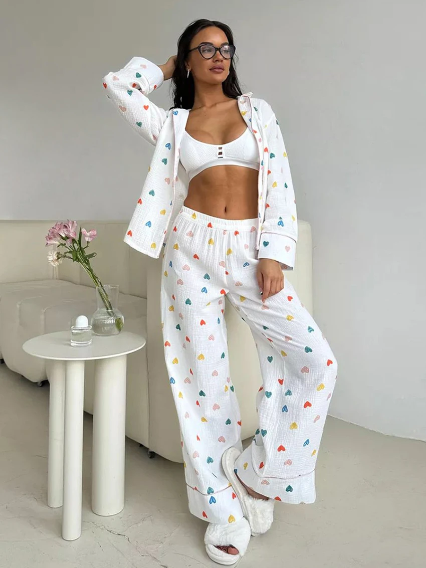 Marthaqiqi Cotton Female Pajamas Suit Turn-Down Collar Sleepwear Long Sleeve Nightgowns Pants Casual Women Nightwear 2 Piece Set