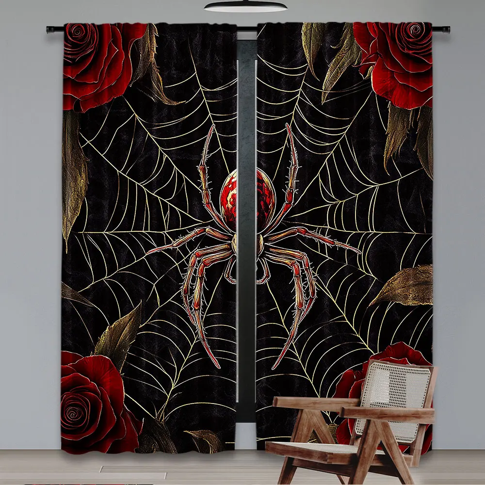 2Pcs Castle Fairy Spider Curtain Red Rose Flowers Spider Web Halloween Suitable For Bedroom Bathroom Living Room Dining Room