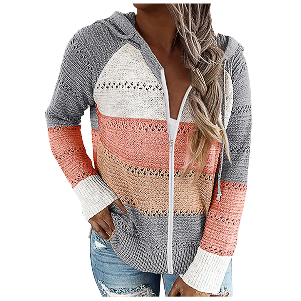 2024 New Womens Casual Loose Hooded Zipper Tops Ladies V-Neck Knit Long Sleeve Sweater Patchwork Elegant Sweet Striped Cardigans