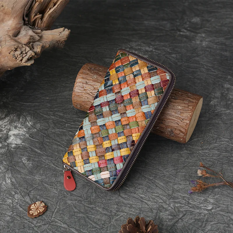 السيدات جلد طبيعي المنسوجة مختلط اللون محفظة طويلة خياطة عشوائية سعة كبيرة متعددة فتحة سستة المحفظة