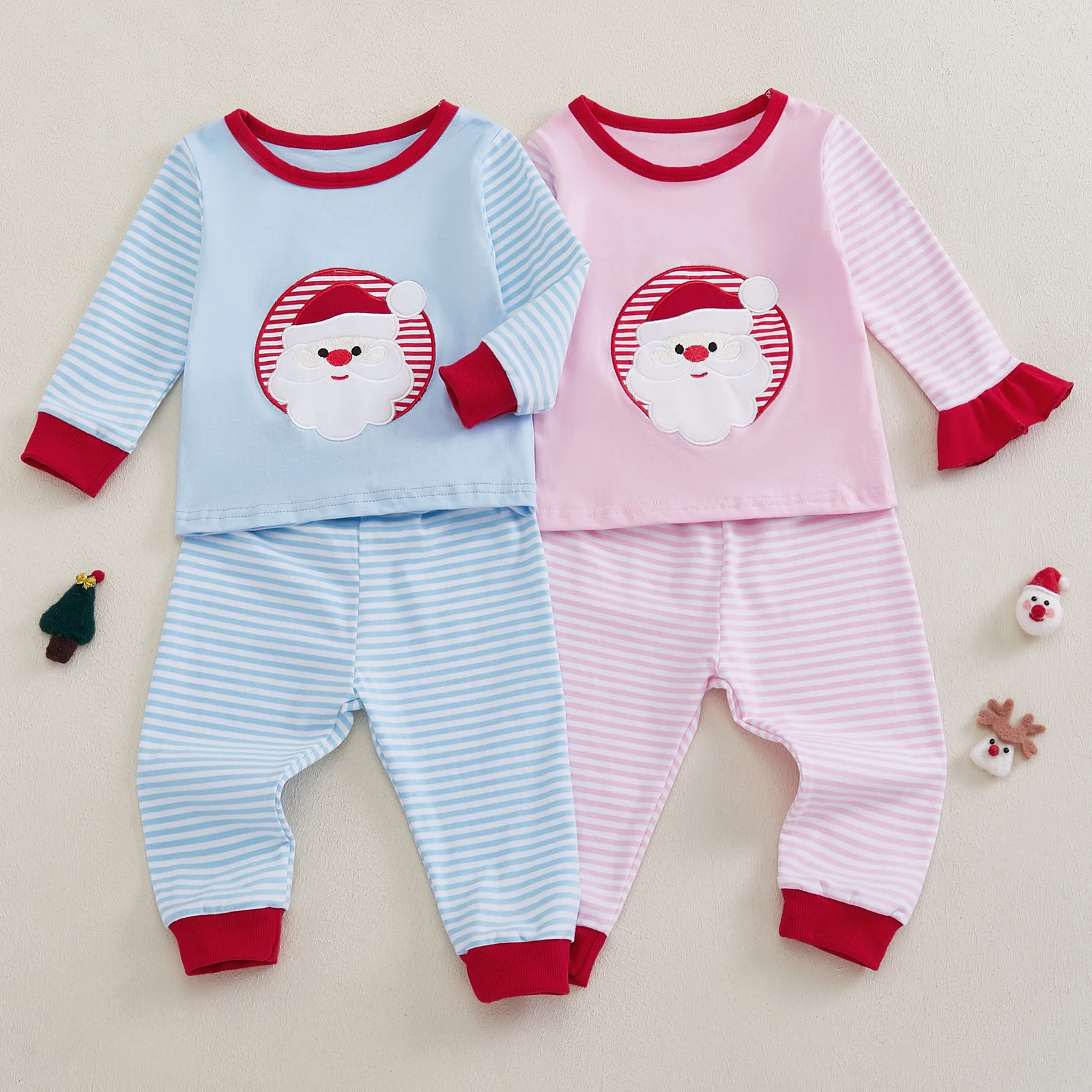 

0-3Years Toddler Baby Girl Boy Christmas Sleepwear Santa Claus Embroidery Long Sleeve Sweatshirt+Stripe Long Pants Pajama Sets