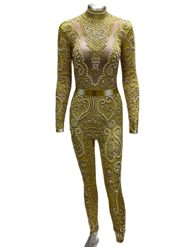 Golden Spandex Women\'S Jumpsuit Show Girl Performance Clothing Fashion Nightclub Dancers Pole Dance Stage Clothing Acrobatic