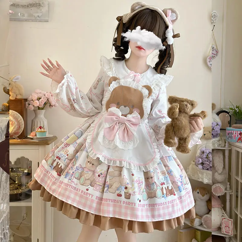 MAGOGO Japanese Kawaii Lolita Long Sleeve Dress Women Autumn Sweet Cute Cartoon Printed Ruffles Bow Apron Princess Party Dresses