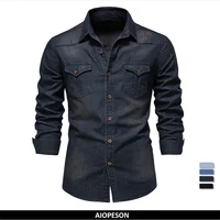 AIOPESON marca camisa vaquera de algodón elástico para hombre manga larga camisas vaqueras de calidad para hombres corte ajustado informal ropa de diseñador para hombre