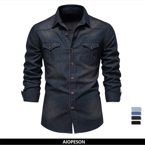 AIOPESON Marca Camisa Denim De Algodão Elástico Masculino Manga Longa Qualidade Camisas de Cowboy para Homens Casual Slim Fit Masculino Roupas de grife
