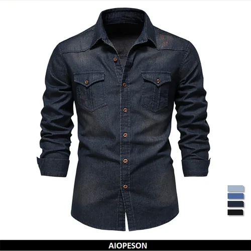 Imagen 1 del producto AIOPESON marca camisa vaquera de algodón elástico para hombre manga larga camisas vaqueras de calidad para hombres corte ajustado informal ropa de diseñador para hombre