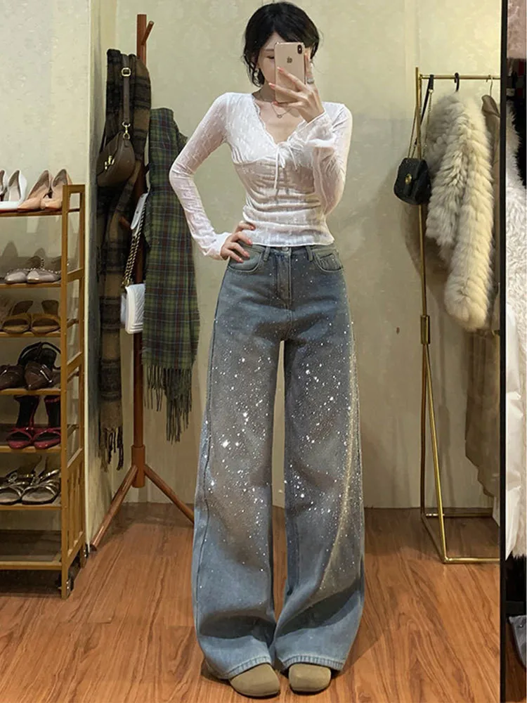 

Женские джинсы Glitter Diamond 2026: Новые весенние ретро-брюки с широкими штанинами, синие, с эффектом горячих страз, подчеркивающие изысканный дизайн
