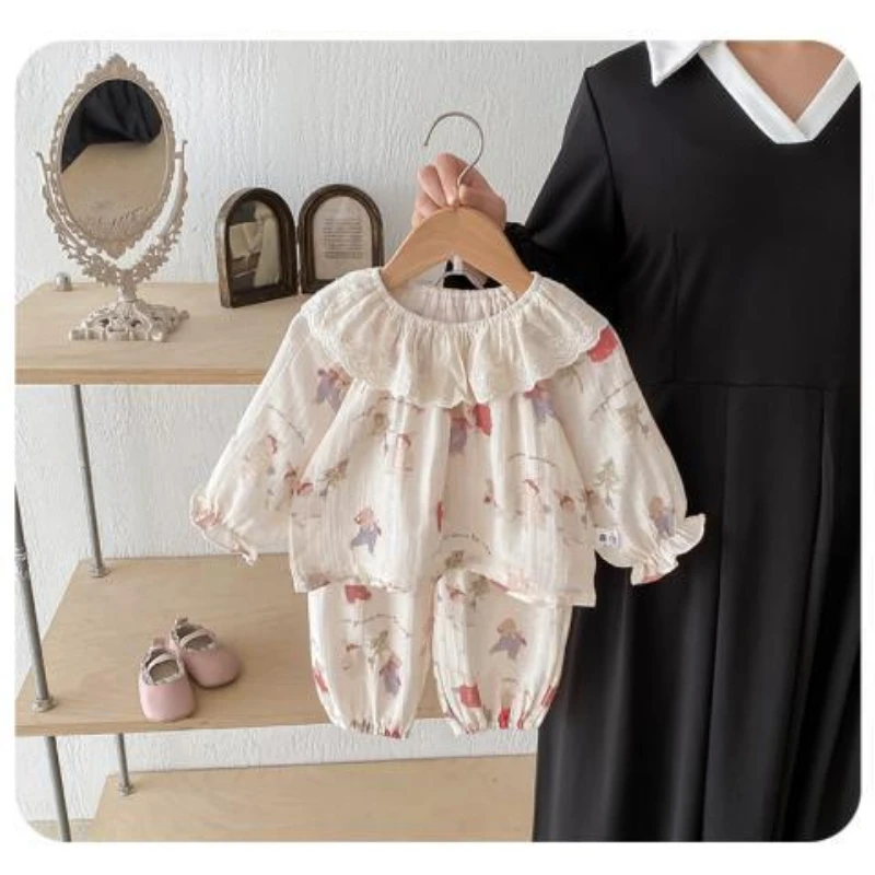2025 Spring Cartoon Print Kids Pajama Sets Autumn Baby Home Clothes Set Soft Cotton Kids Pajamas Girls' Printed Top Pants