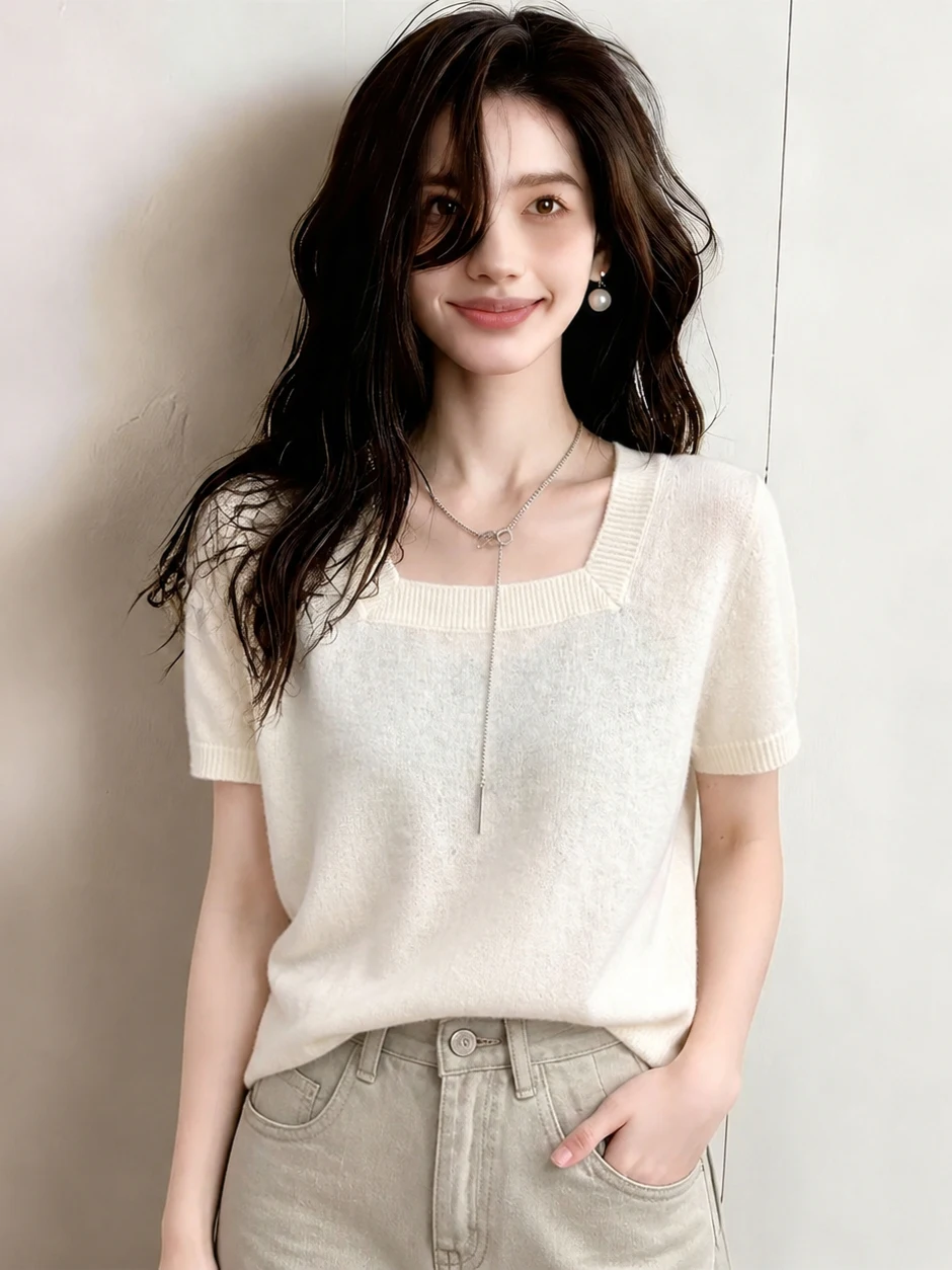 

Commute Style Korean Fashion Knitted Short Sleeve Square Collar Women's Top Shoulder Width Regular Silk Material Summer T-Shirt