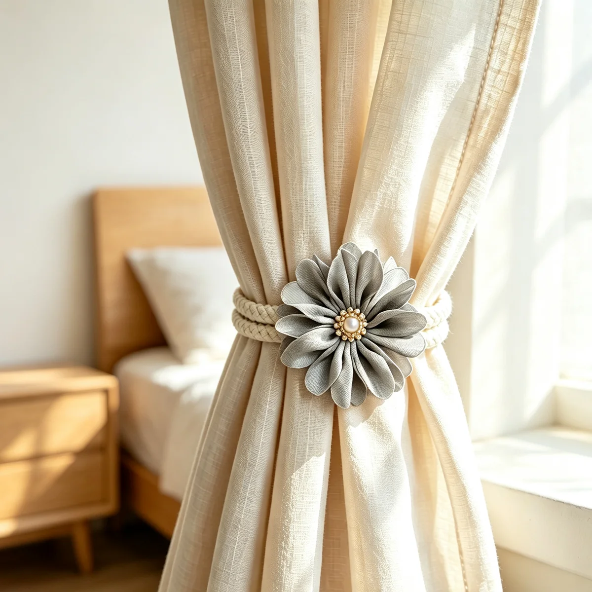 Flower Curtain Tiebacks Set of 2 Handmade Fabric Flower Pearl Decor Rope Curtain Holder For Window Drape Home Decor