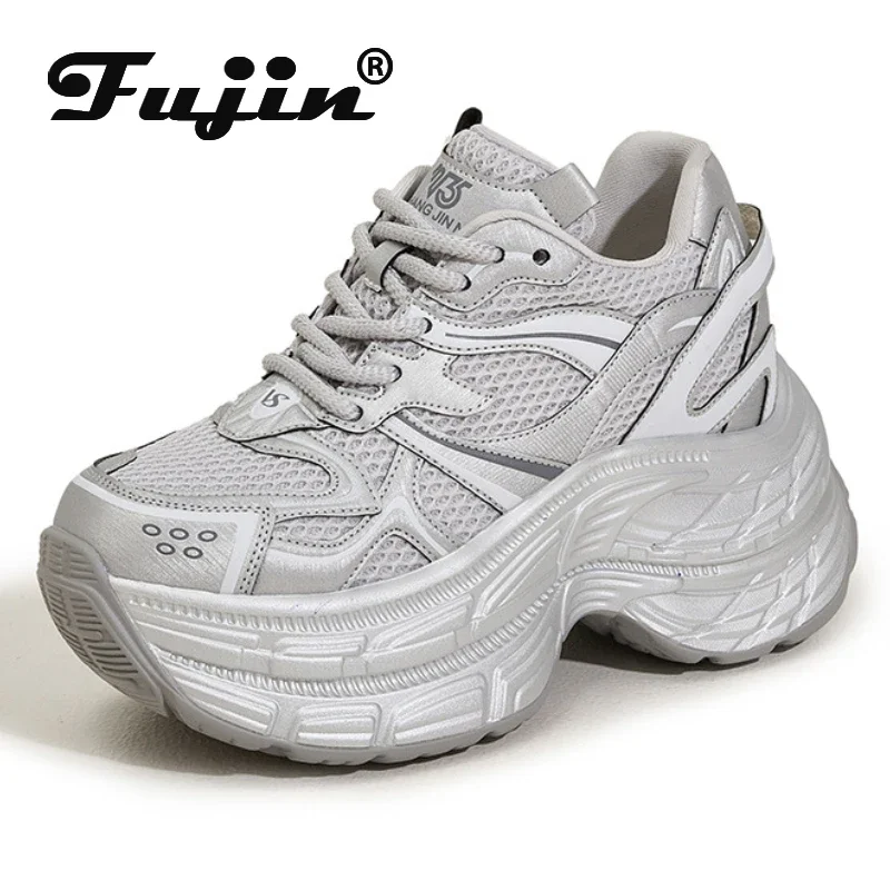 Fujin 10cm Air Mesh Microfiber Leather Platform Autumn Ankle Boots Vulcanize Fashion Chunky Heels Spring Chunky Sneaker Shoes