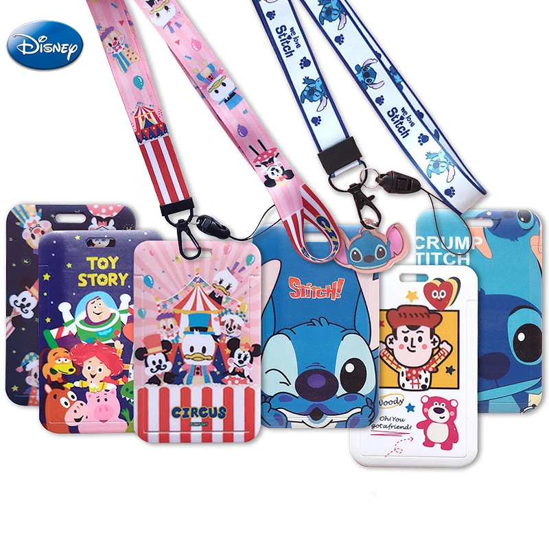 Disney Pooh Toy Story Card Cover Anime Mickey Minnie Stitch Hanging Neck Bag Lanyard ID Card Holder Case Adult Kids Bus Card Bag