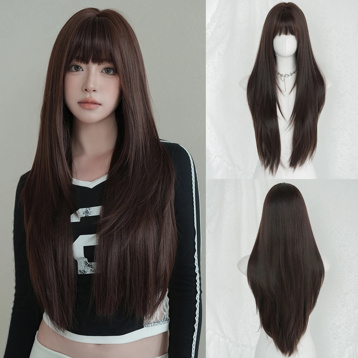 7JHH WIGS Long Straight Layered Mocha Brown Wig for Women Synthetic Modest Fashion Wear and Go Dark Brown Wigs with Neat Bangs