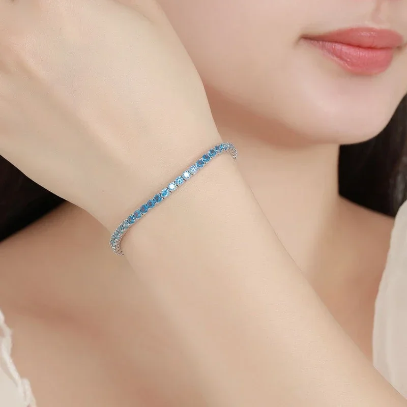 FEOBUR 3mm Gradient Blue High Carbon Diamond Tennis Bracelet for Women Man S925 Sterling Silver Gemstone Bracelet Party Jewelry