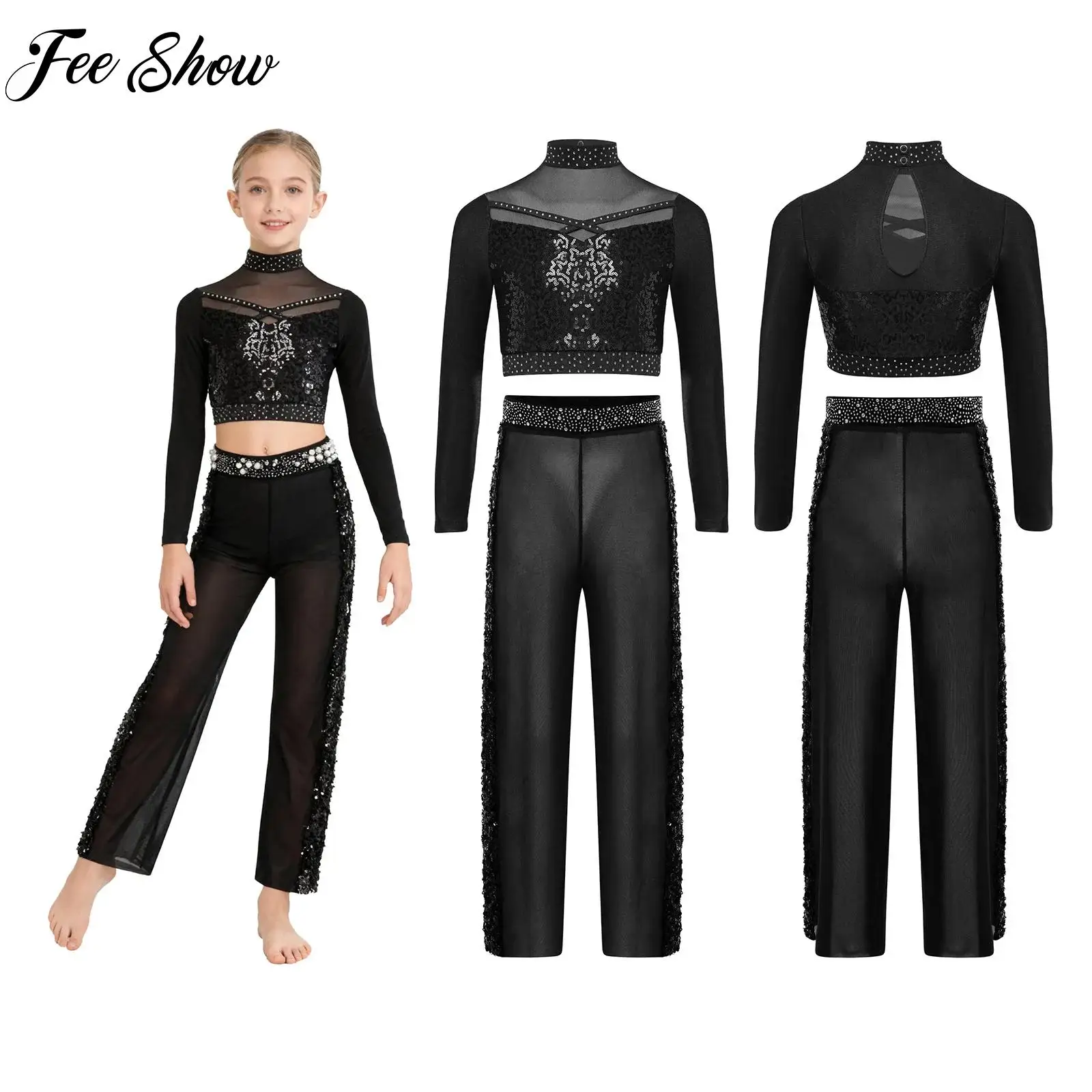2Pcs 어린이 소녀 재즈 라틴 댄스 세트 긴 소매 라인스톤 스팽글 크롭 탑 + 투명 메쉬 바지 세트 공연 대회용