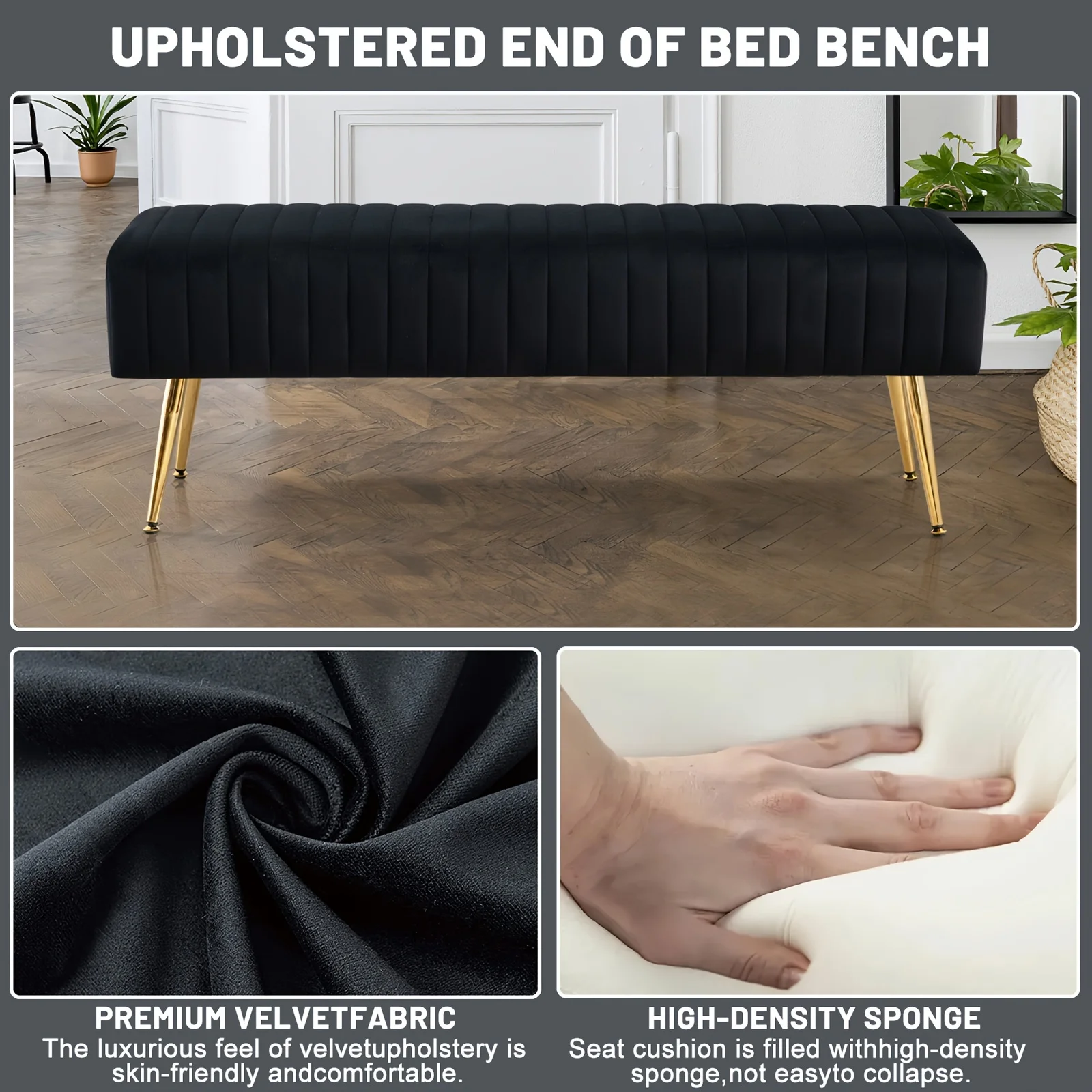 Luxury Shoe Changing Bench with Gold-Plated Legs & Velvet- 44-Inch Bedside Entryway Furniture