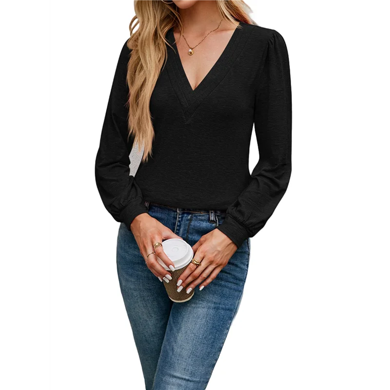 

A30F-Womens V Neck Long Sleeve Tops Dressy Casual Fall Shirts Puff Sleeve Loose Tunic Trendy Tops Blouses